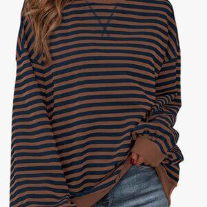 Womens Oversized Striped Sweatshirt Crewneck Long Sleeve Pullover Top -M